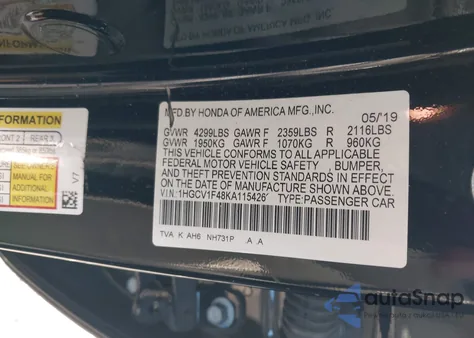 2019 Honda Accord Ex из США, поврежденный, VIN 1HGCV1F48KA115426